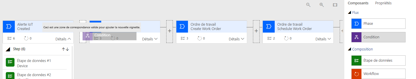 Capture d’écran de l’onglet Composants avec le composant Condition à droite de la phase Création d’alerte IoT.