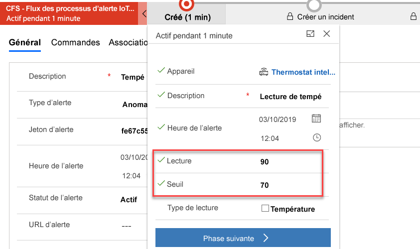 Capture d’écran de la phase Créé avec les valeurs Relevé et Seuil mises en évidence.