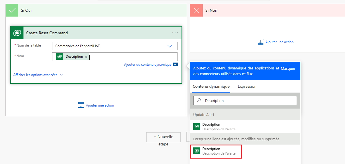 Capture d’écran de l’option Description de l’appareil IoT sous l’action Lorsqu’un enregistrement est créé, mis à jour ou supprimé.