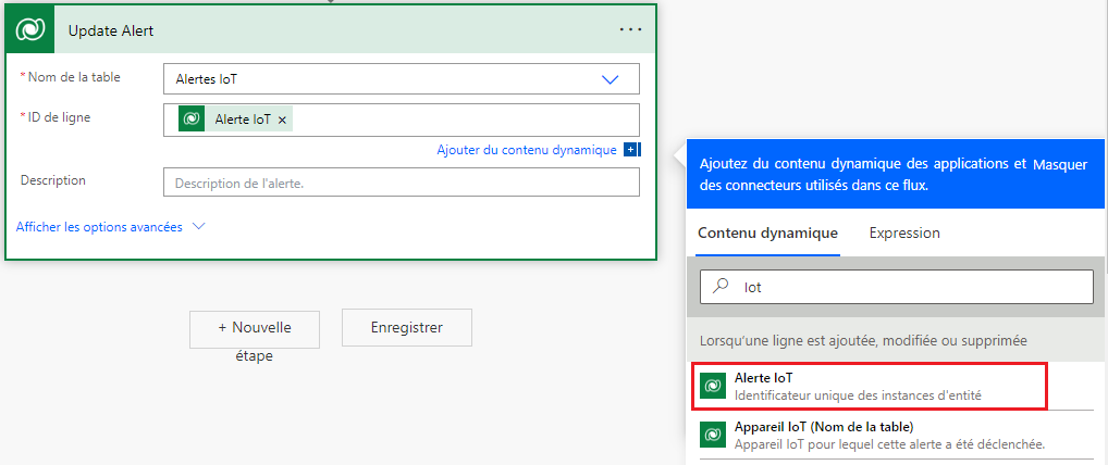 Capture d’écran de l’option IoT Alert dans le volet Contenu dynamique.