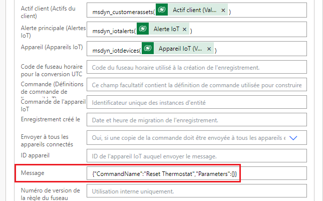 Capture d’écran du code JSON collé dans le champ Message.