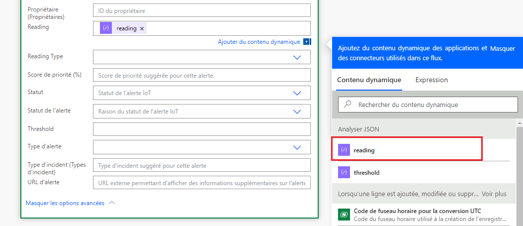 Capture d’écran de l’option reading sous Parse JSON.