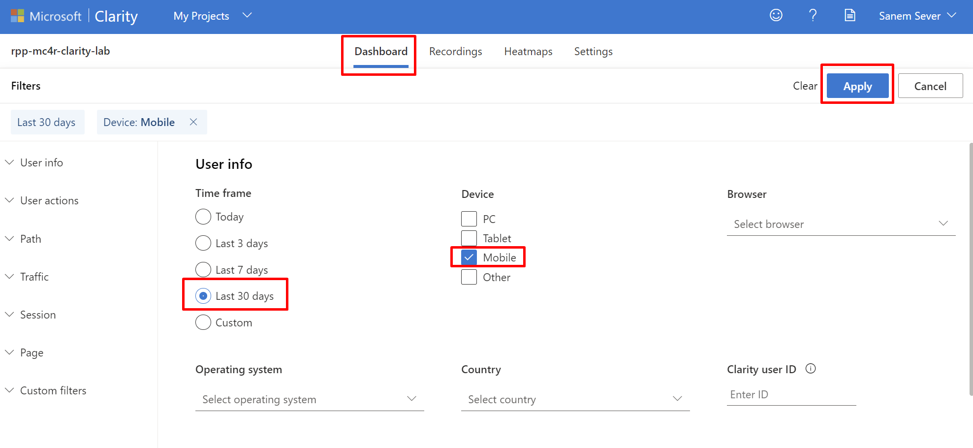 Screenshot of the time frame and device association.