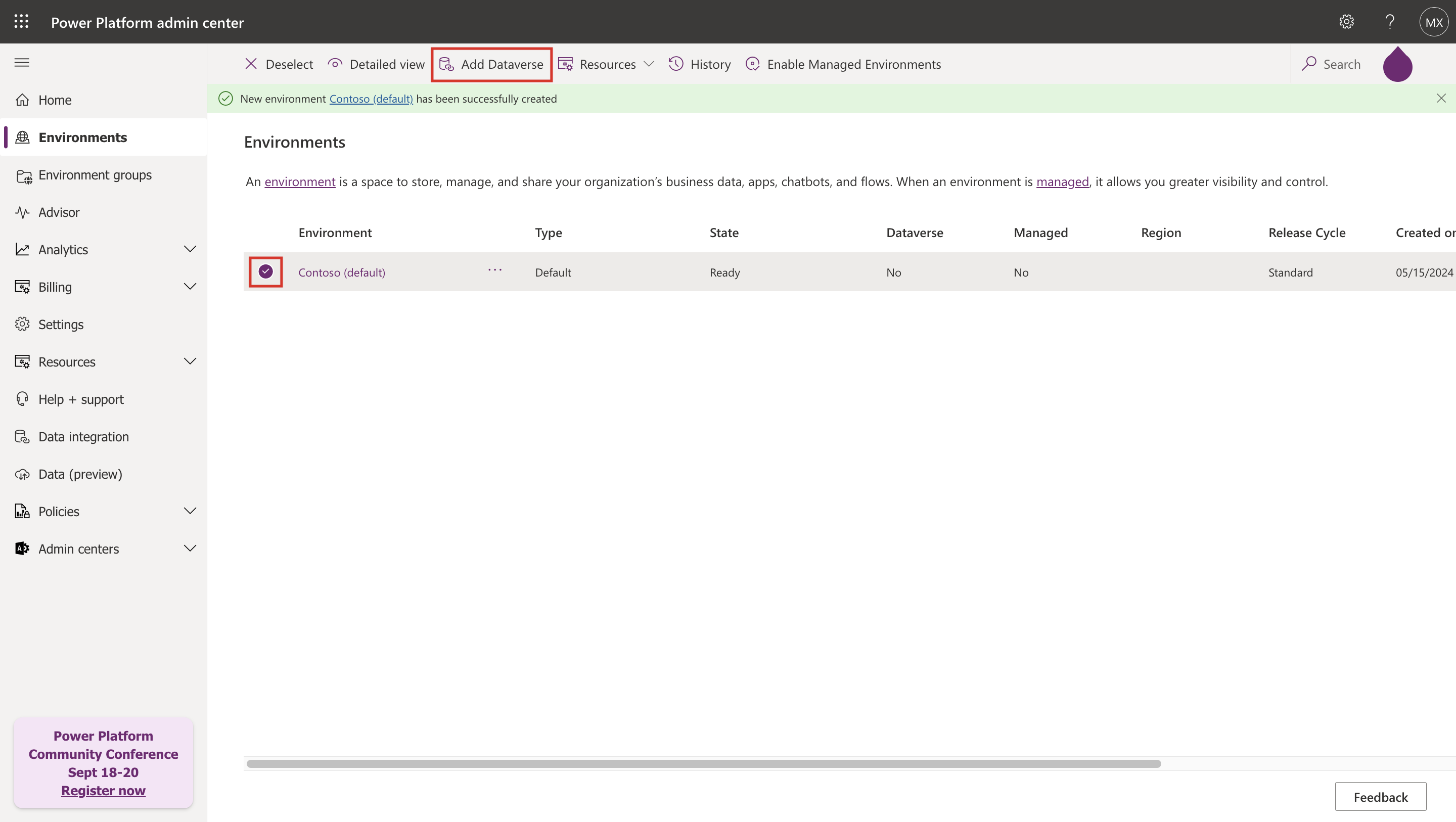 Screenshot of Add Dataverse from command bar.