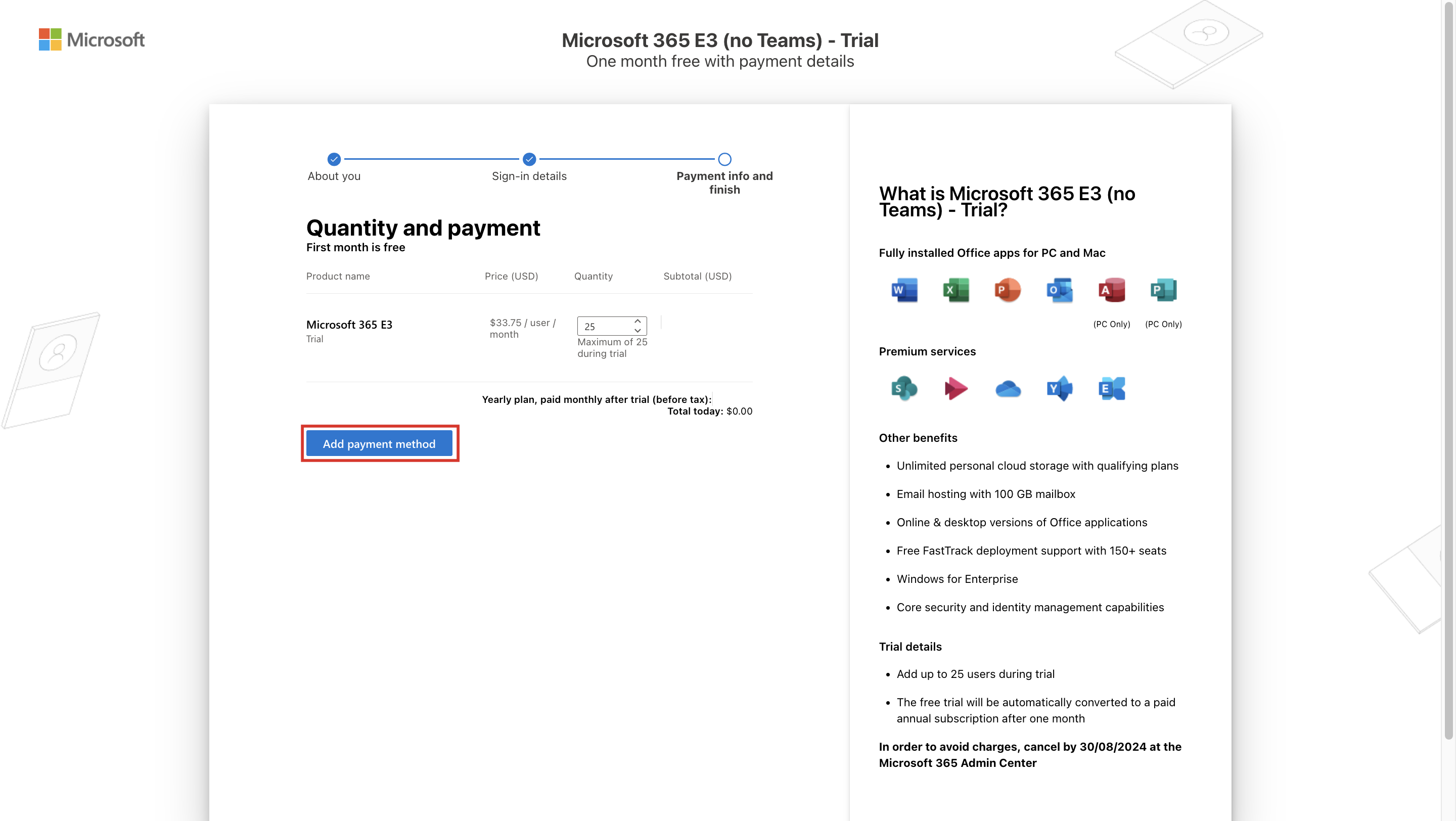 Screenshot of the wizard on the Quantity and payment page with the Add payment method button highlighted.