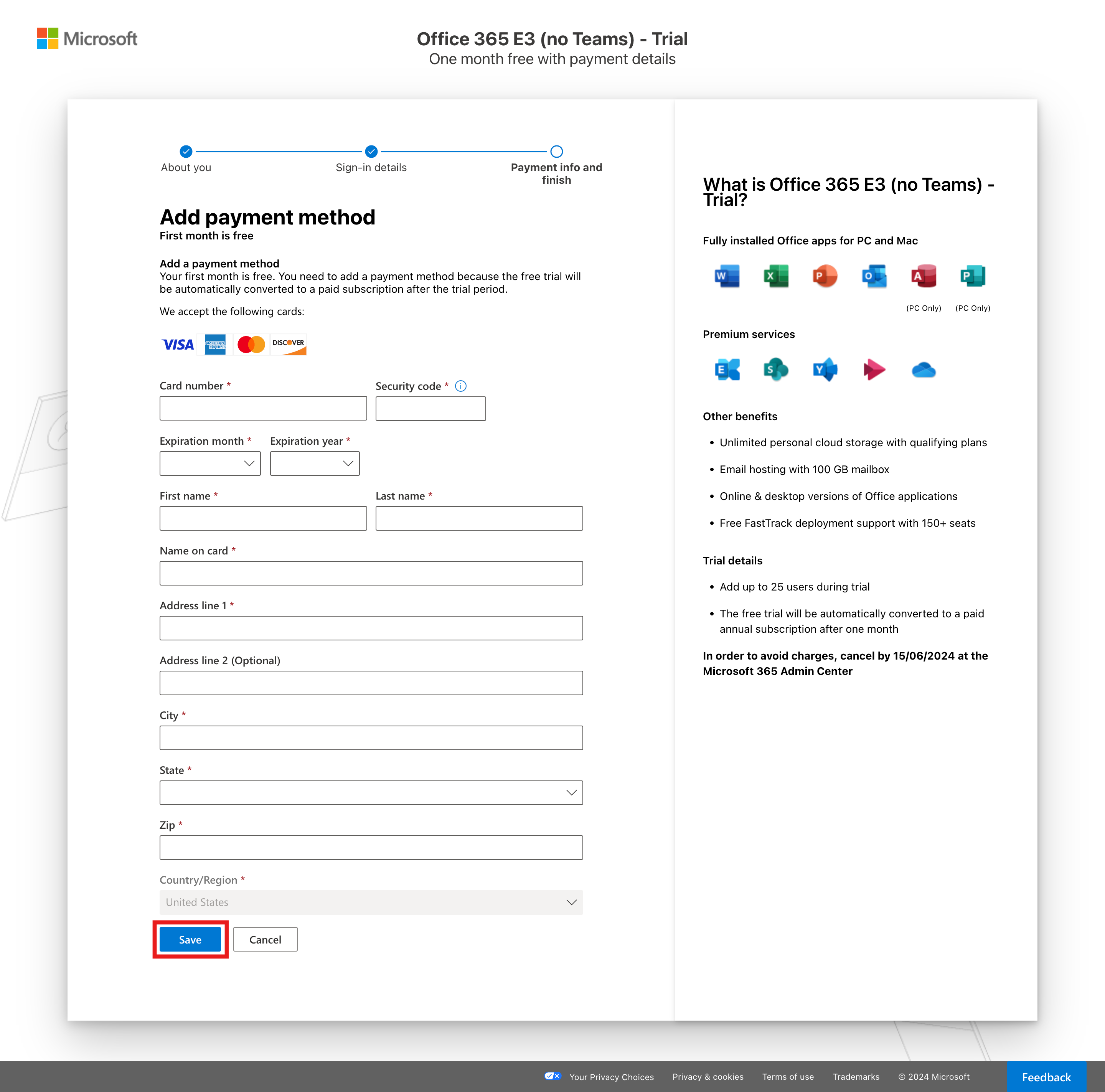 Screenshot of the wizard on the Add payment method page with the Save button highlighted.