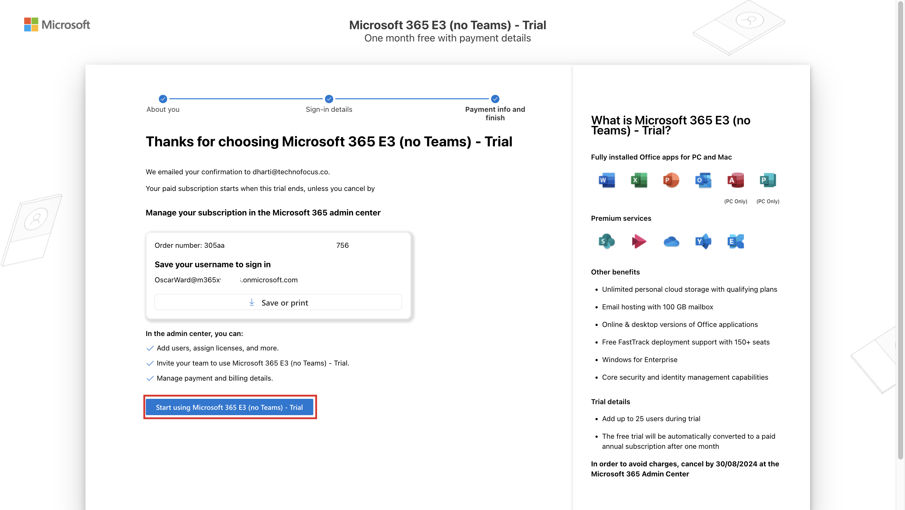 Screenshot of the wizard on the Thanks for choosing Office 365 E 3 no Teams Trial page with the Start using Office 365 E 3 no Teams Trial button highlighted.