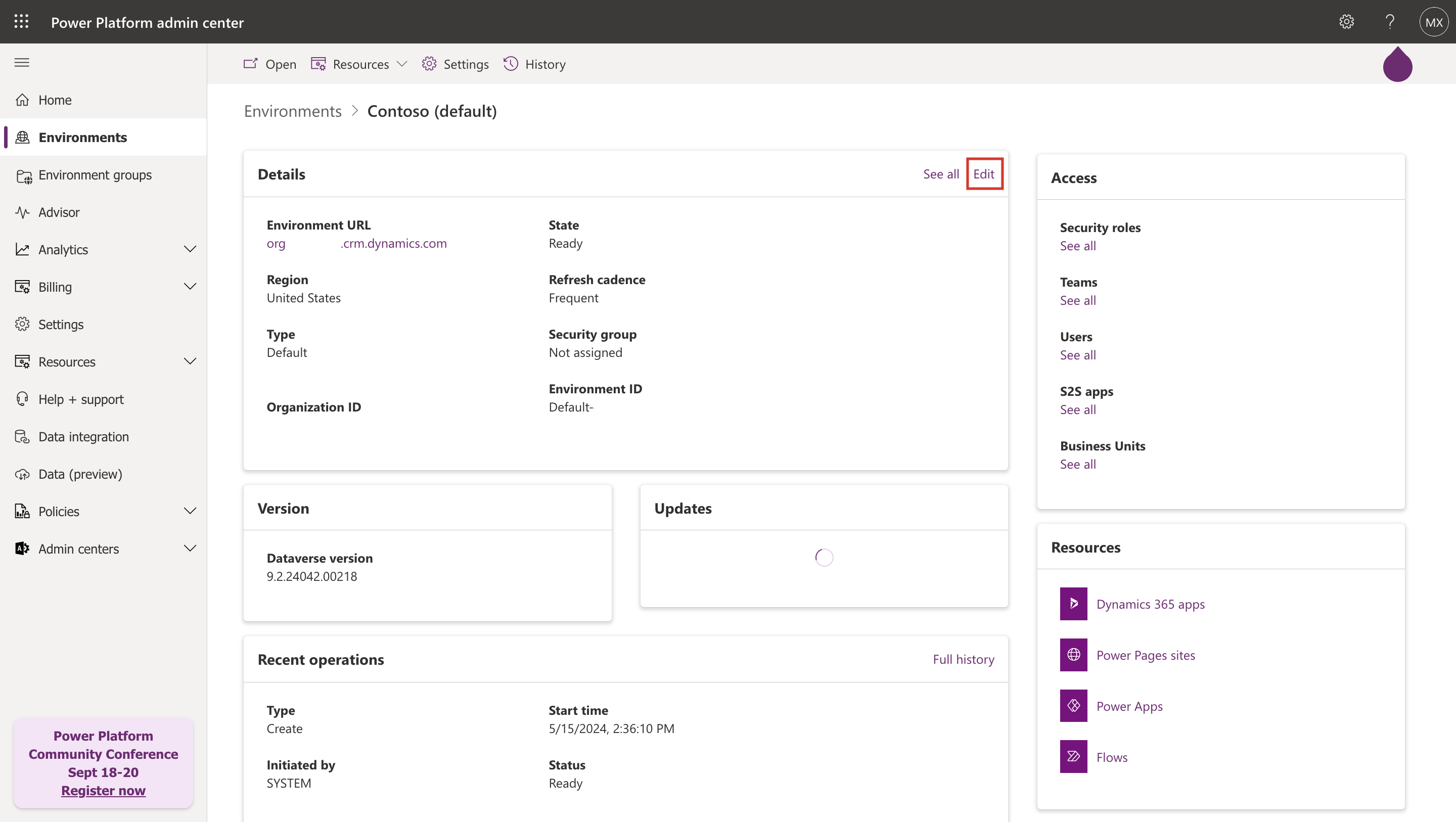 Screenshot of how to edit environment name.