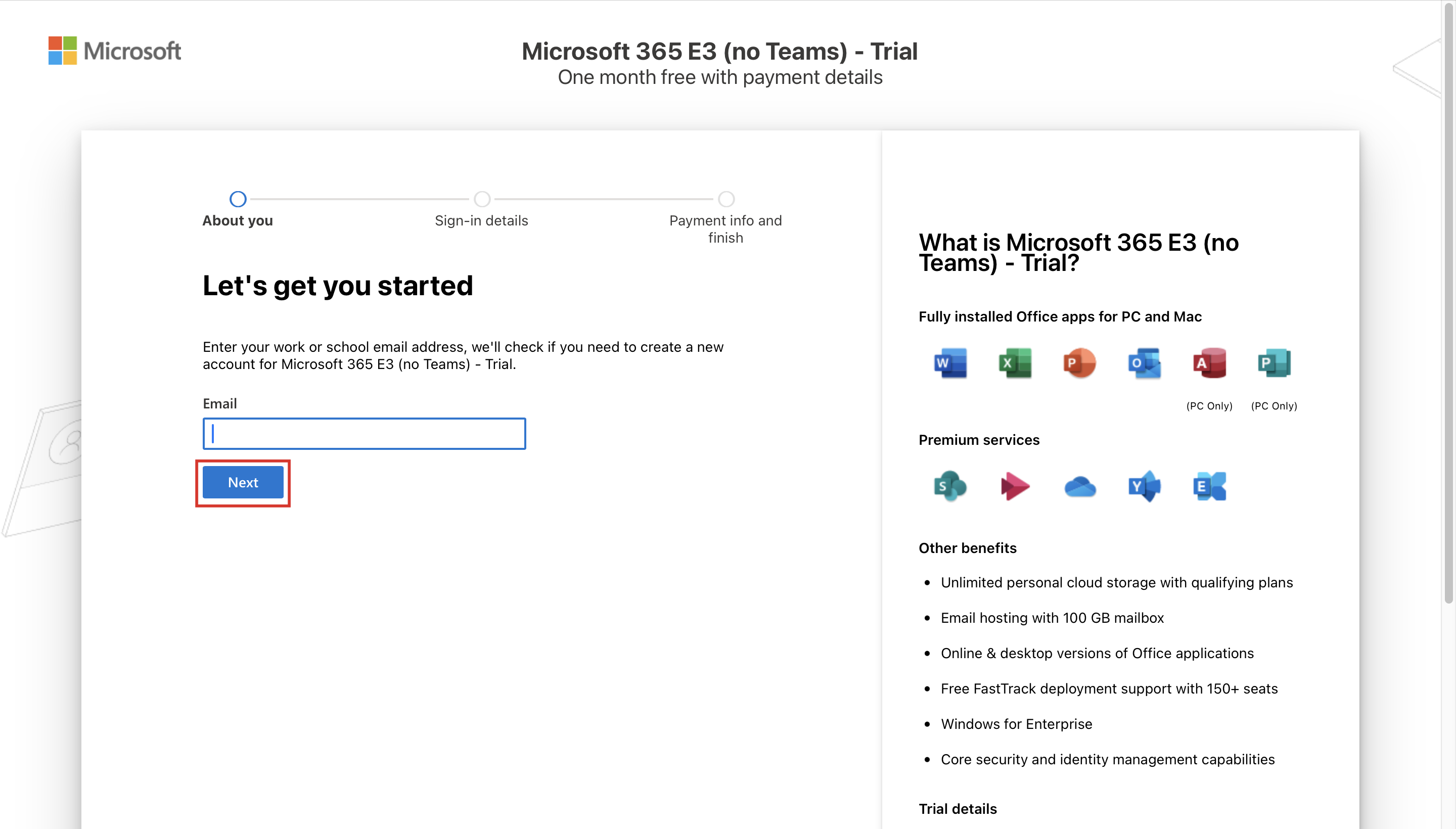Screenshot of the wizard with the Email box highlighted.