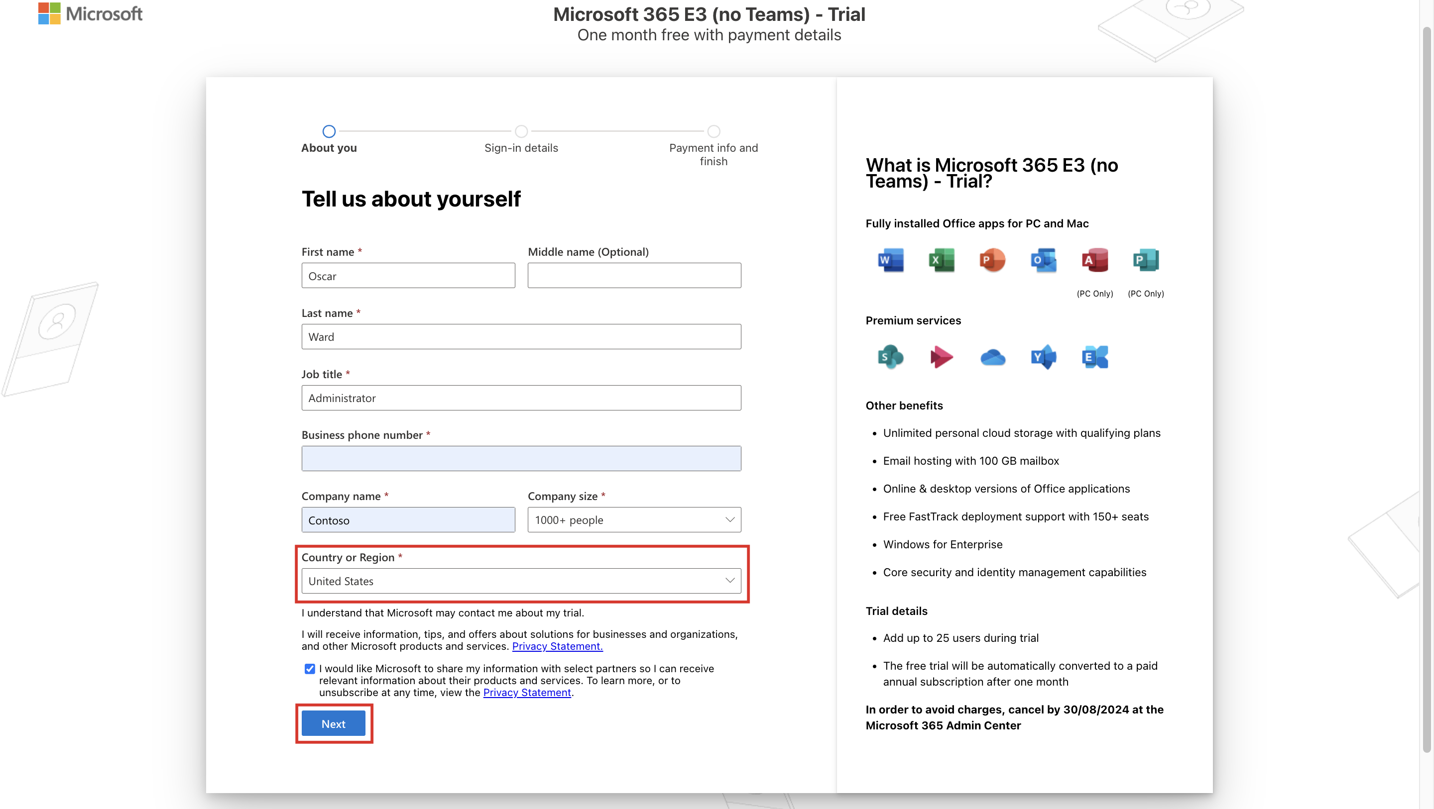 Screenshot of the wizard on the Tell us about yourself page with the Country or Region box highlighted and set to United States.