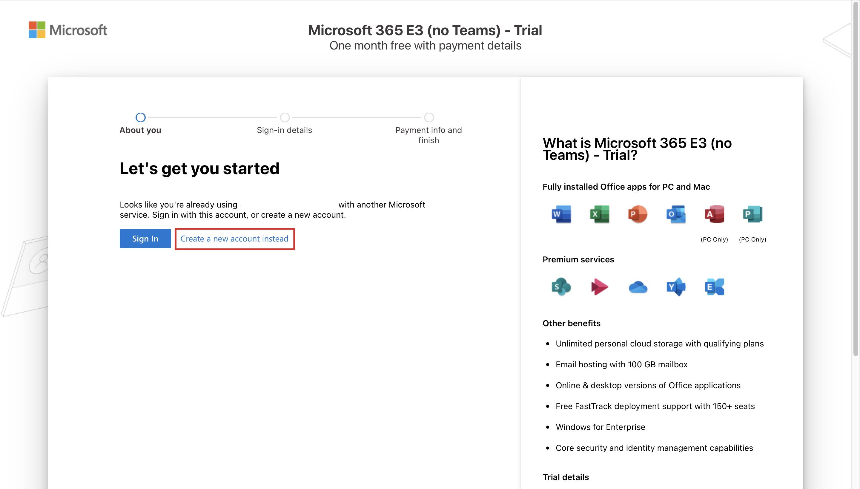 Screenshot of the wizard showing the Looks like you're already using this email message and the link to Create a new account instead.