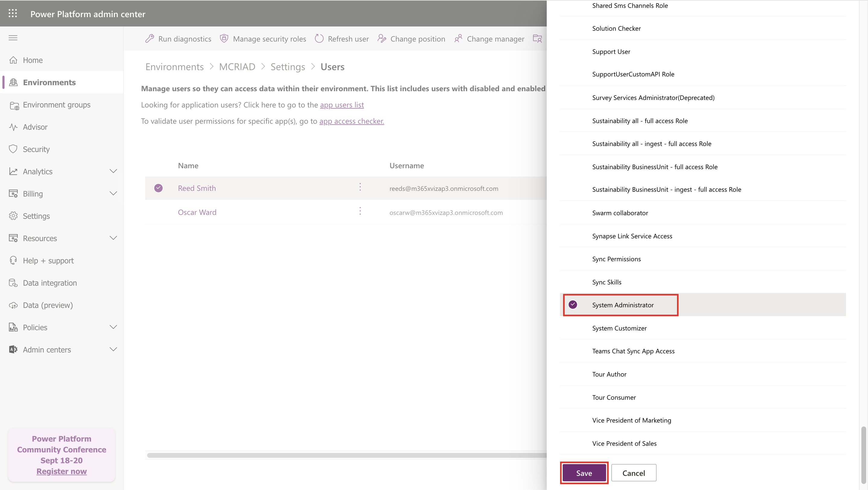 Screenshot of selecting System Administrator role.