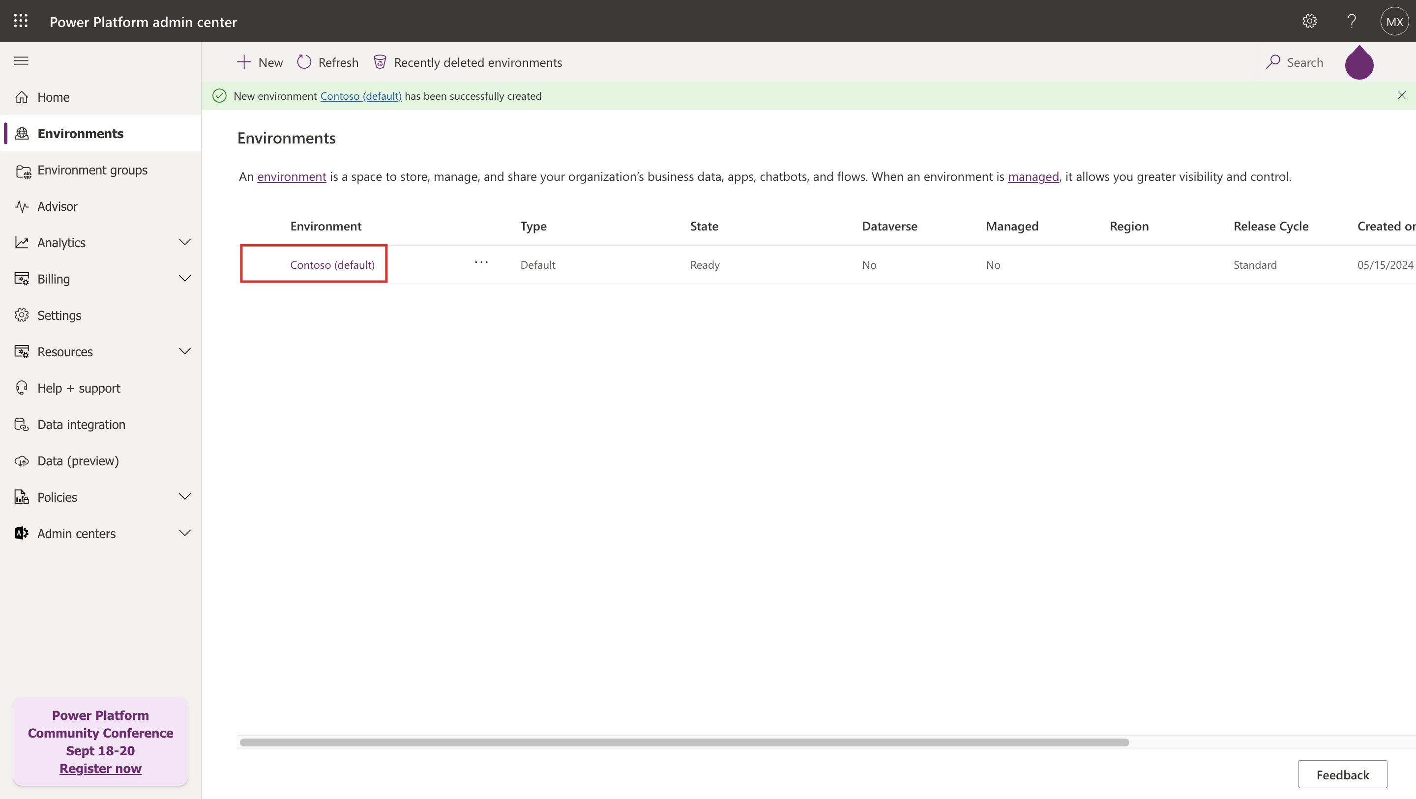 Screenshot of environment with Dataverse.