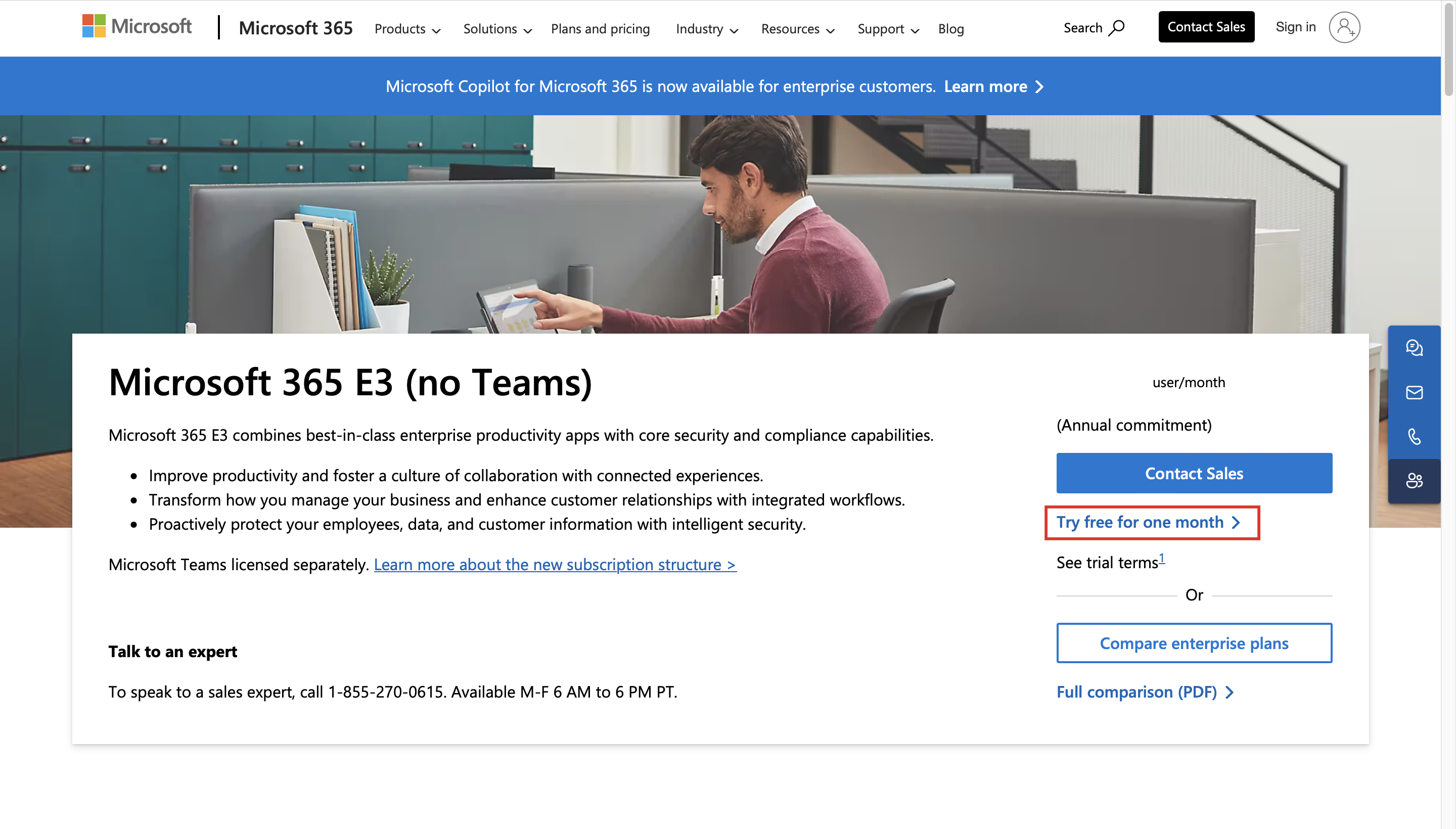 Screenshot of Microsoft 365 E 3 no Teams with the Try for free option highlighted.
