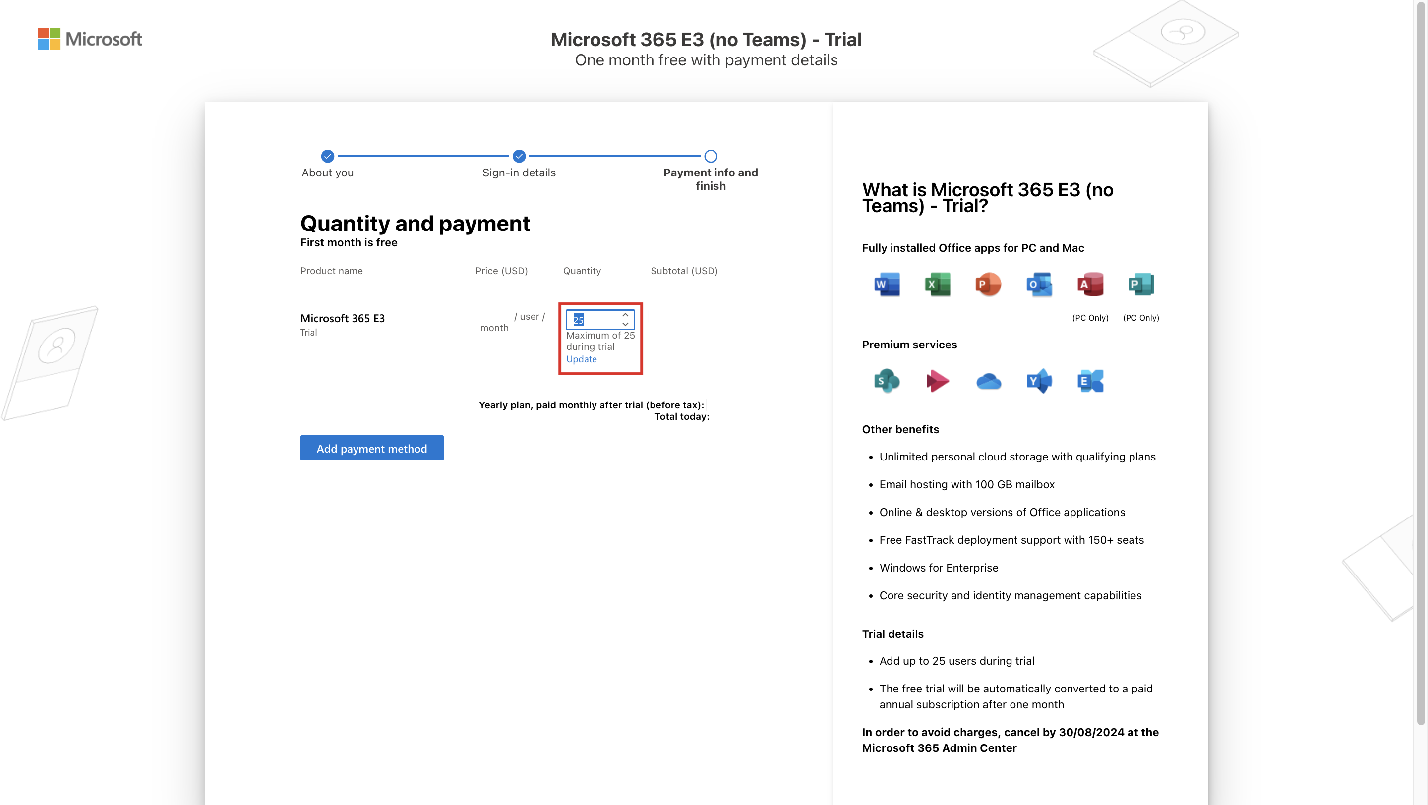 Screenshot of the wizard on the Quantity and payment page with the quantity and the Update action highlighted.