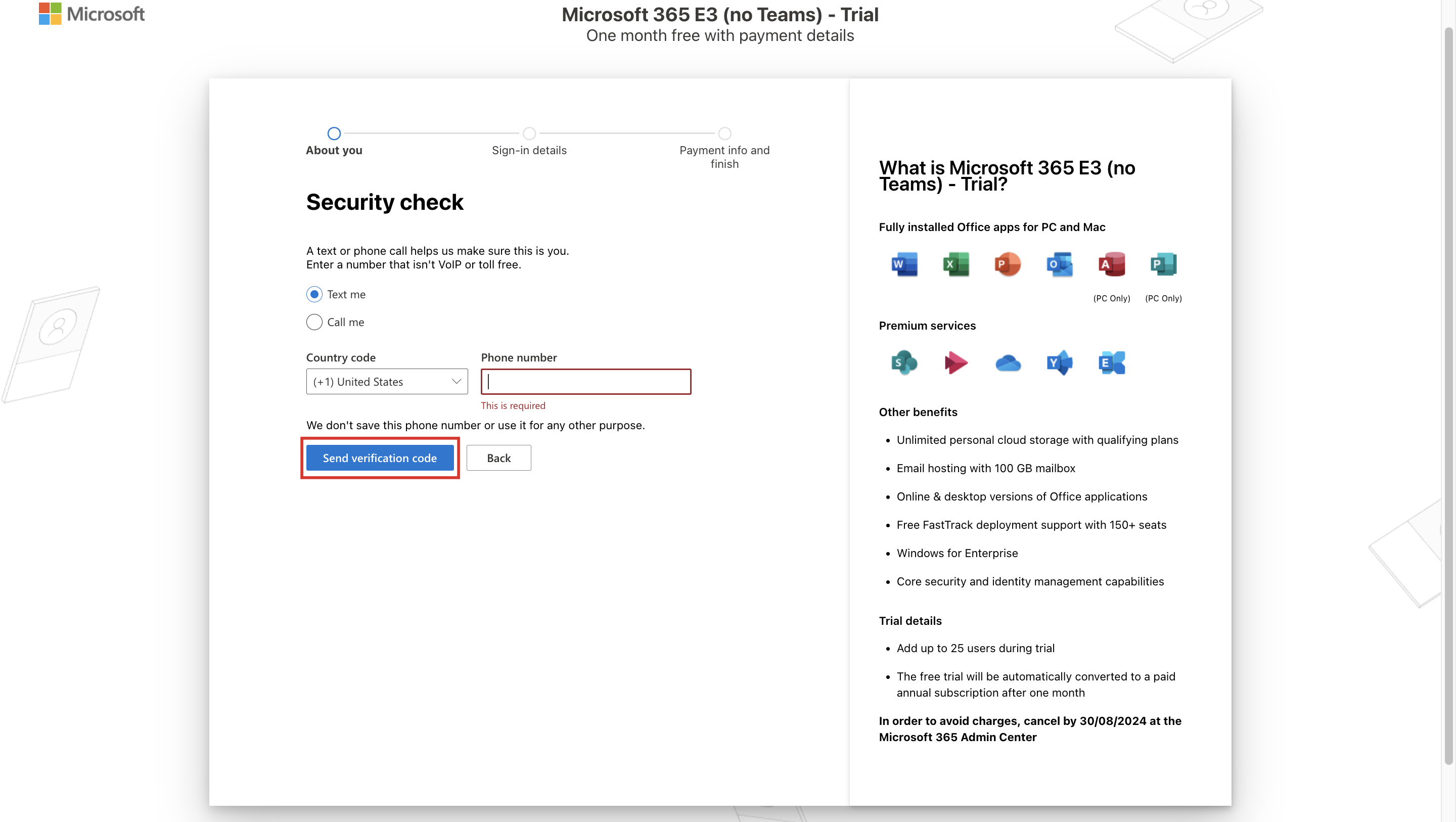 Screenshot of the wizard on the Security check page with the Send verification code button highlighted.