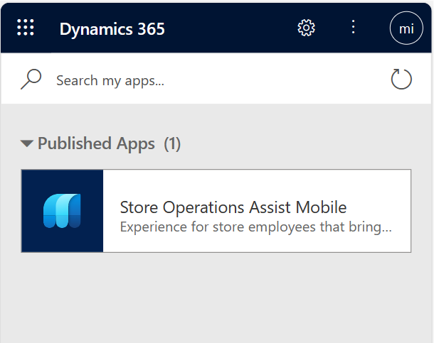 Screenshot of the Store operations Mobile tile in the Published Apps list.