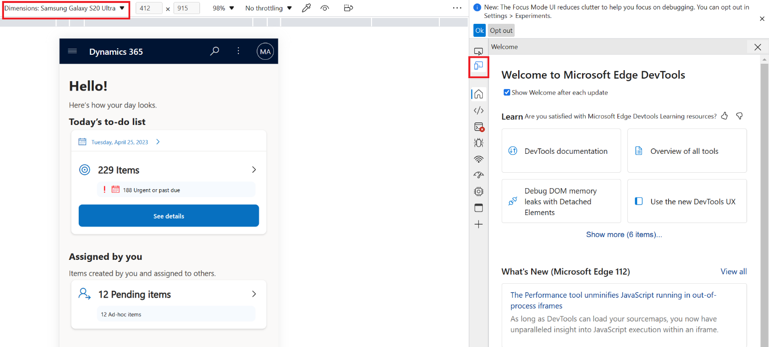 Screenshot of Microsoft Edge Dev Tools with focus on the Dimensions.