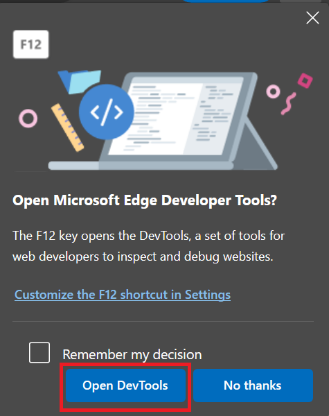 Screenshot of the Open Microsoft Edge Developer Tools dialog with focus on the Open Dev Tools button.