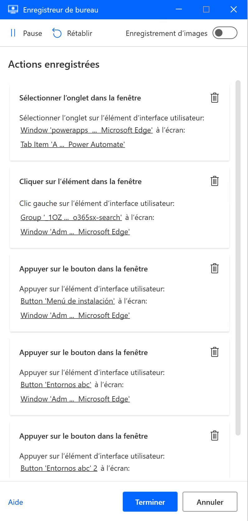 Capture d’écran des étapes capturées par l’enregistreur de bureau.