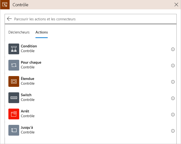 Screenshot shows the actions in the **Control** connector in the workflow designer. The list includes the following control flow actions: **Condition**, **For each**, **Switch**, and **Until**.