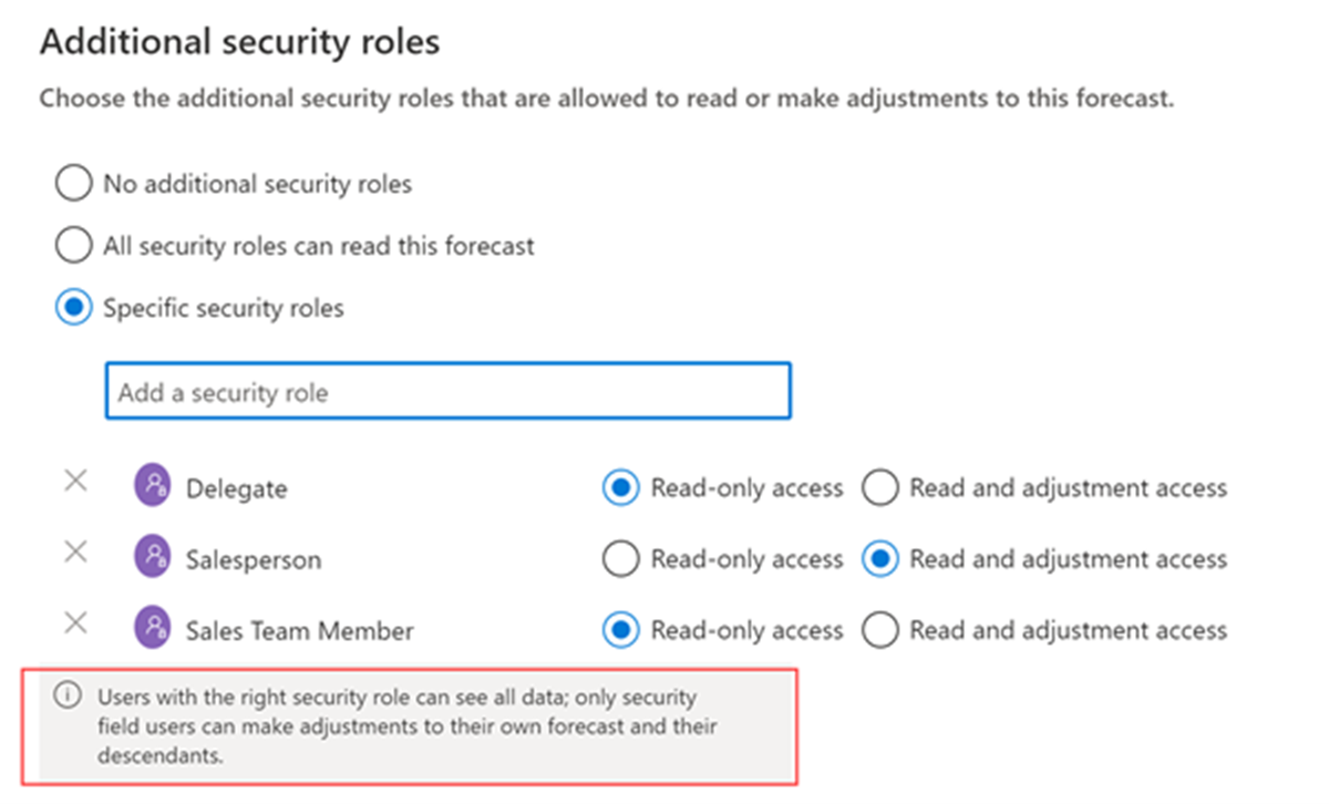 Capture d’écran de l’étape Autorisations de la page Configuration de prévision, avec des rôles de sécurité supplémentaires définis.
