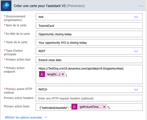Créer une carte pour l’assistant V3 (version préliminaire) avec les valeurs saisies pour l’action principale.