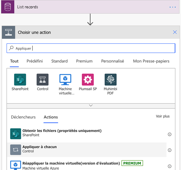 Résultats de la recherche de Choisir une action pour « Appliquer à chacun » dans l’onglet Actions.