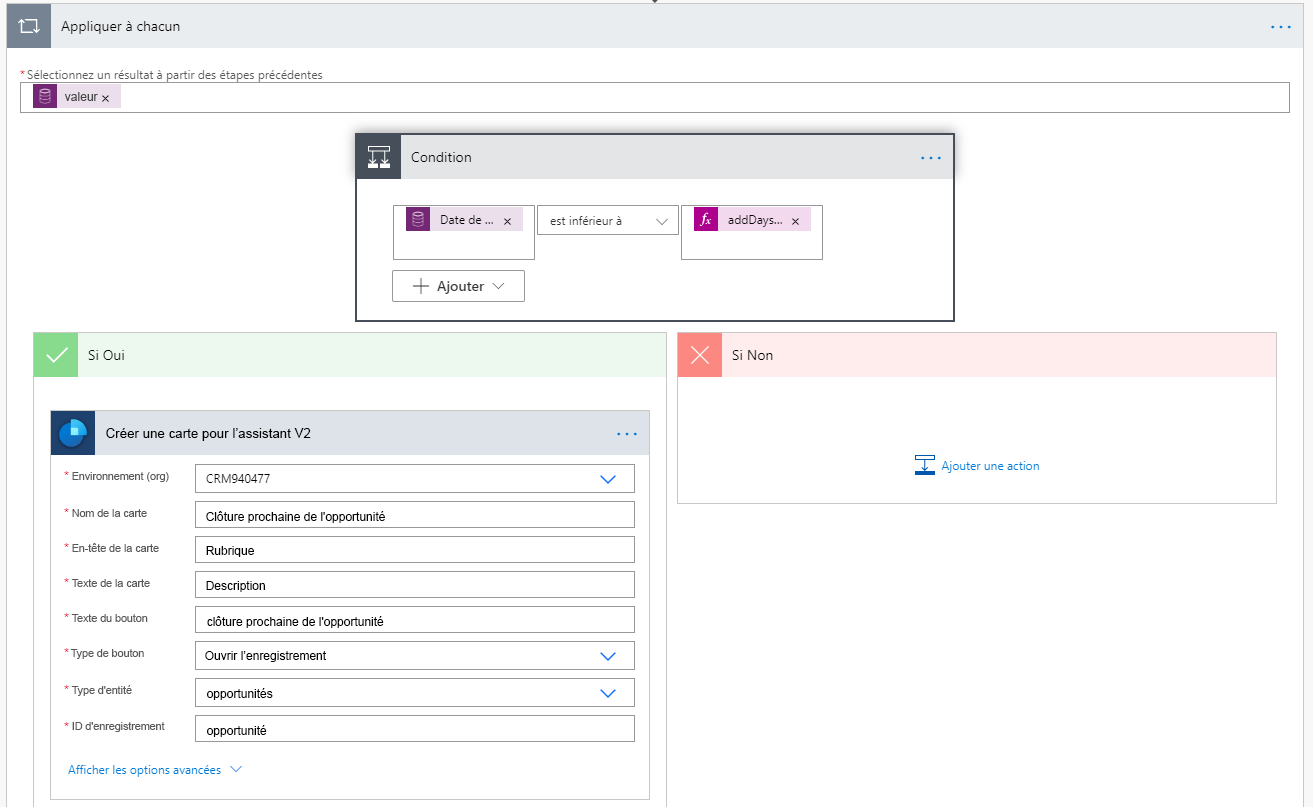 Créer une carte pour l’assistant 2 est l’action pour la condition Si oui.