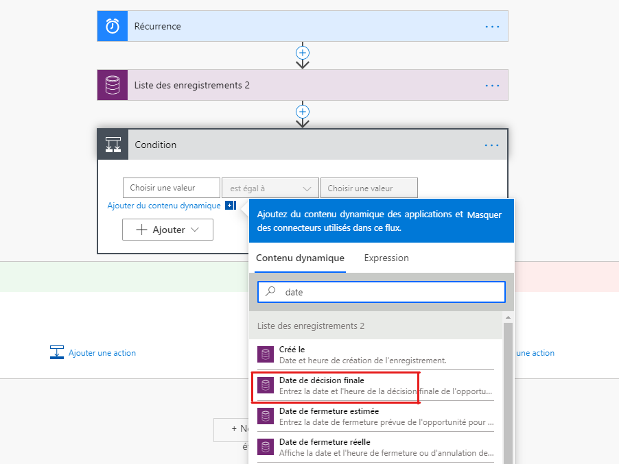 La valeur Condition est sélectionnée et la fenêtre de contenu dynamique présente le terme de recherche « date de clôture ».