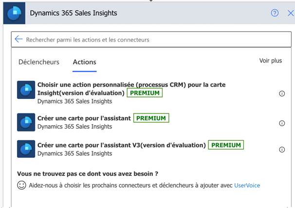 L’onglet Actions de Dynamics 365 Sales Insights présente Créer une carte pour l’assistant V3 (version préliminaire).