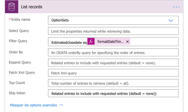 Affiche la requête de filtrage définie sur estimatedclosedate eq formatDateTime.