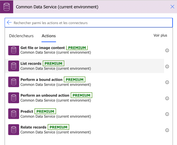 Sous l’onglet Actions de Microsoft Dataverse, sélectionnez Répertorier les enregistrements.