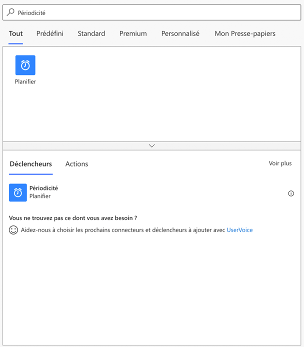 Résultats de la recherche de récurrence affichant Planning de périodicité sous Déclencheurs.