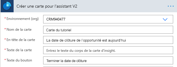 Sur Créer une carte pour l’assistant V2, l’environnement est défini sur TestOrg, et d’autres colonnes obligatoires sont remplies.