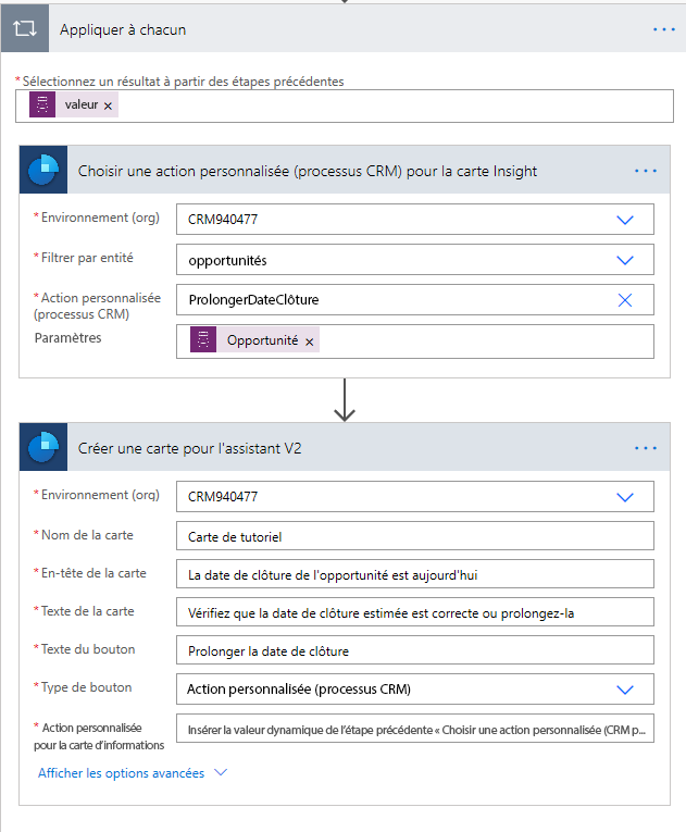 Ajoutez Créer une carte pour l’assistant V2 sous Choisir une action personnalisée (processus CRM) pour une carte d’informations.