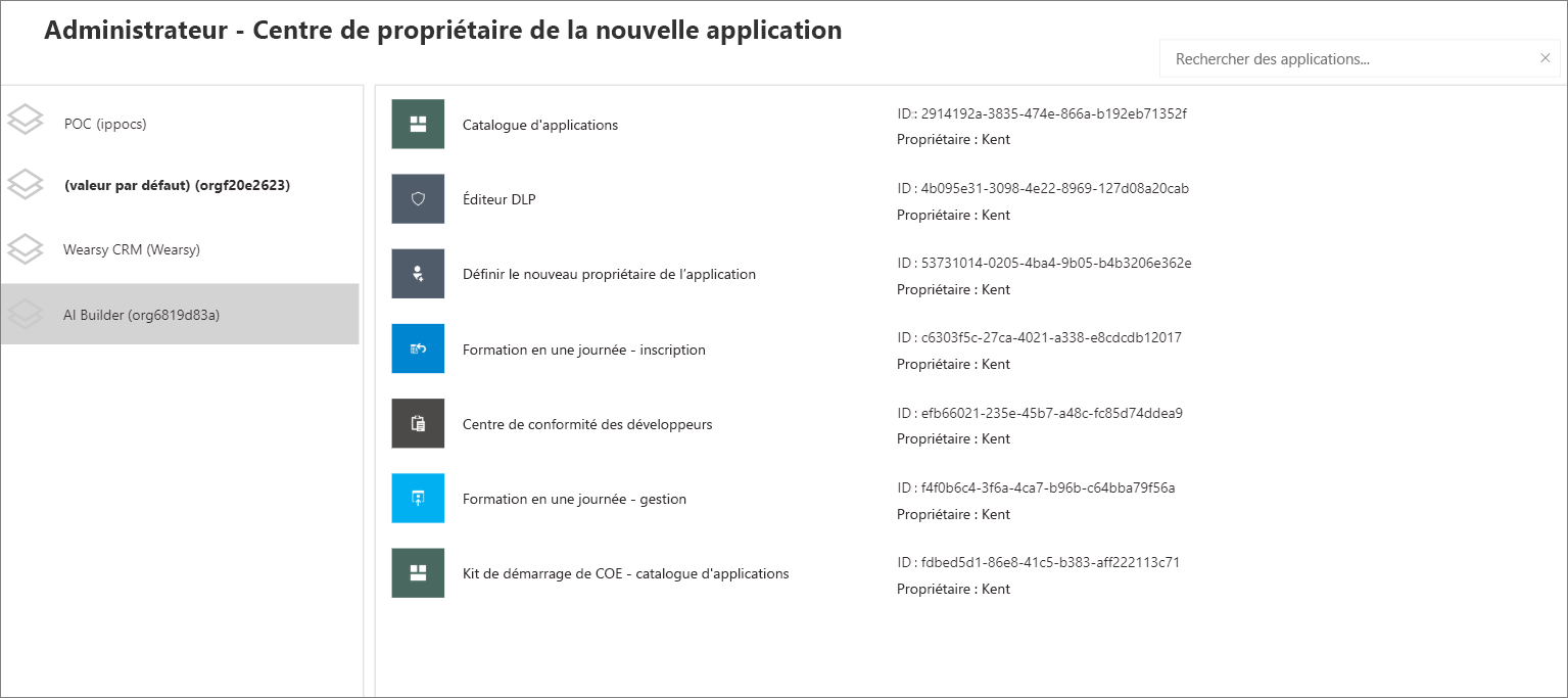 Capture d’écran de la page Administration - Nouveau centre des propriétaires d’applications avec l’onglet AI Builder cliqué.