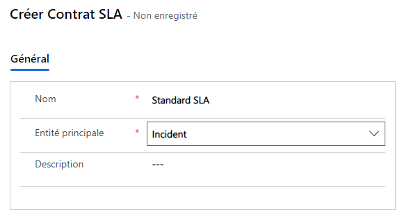 Capture d’écran de la boîte de dialogue Nouveau SLA illustrant le SLA standard nommé.