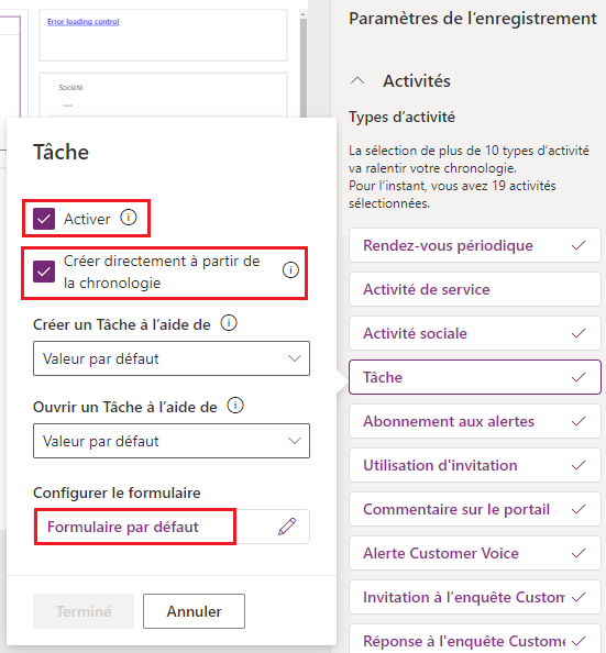 Capture d’écran des types d’activités dans Paramètres d’enregistrement.