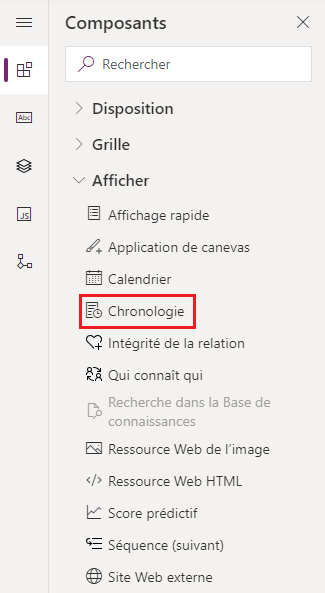 Capture d’écran des options Composants.