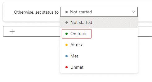 Screenshot of the Otherwise, set status to dropdown menu expanded to reveal the On track option.