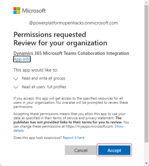 Screenshot of the Permissions requested Review for your organization dialog.