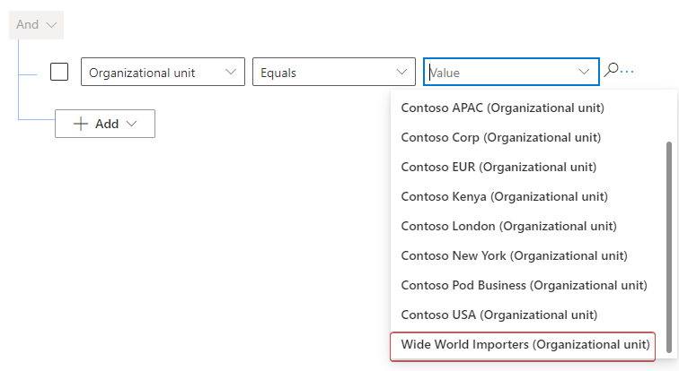 Screenshot of the Value dropdown menu expanded to reveal Wide World Importers.