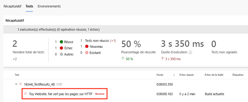 Screenshot of the Azure DevOps interface that shows the pipeline run's test results, with the failed test highlighted.