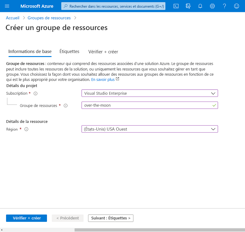 Screenshot that shows creating a new resource group on Azure.