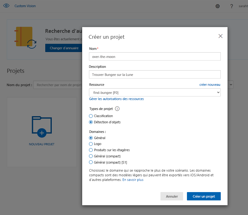 Screenshot that shows creating a new Custom Vision project in the Custom Vision portal.