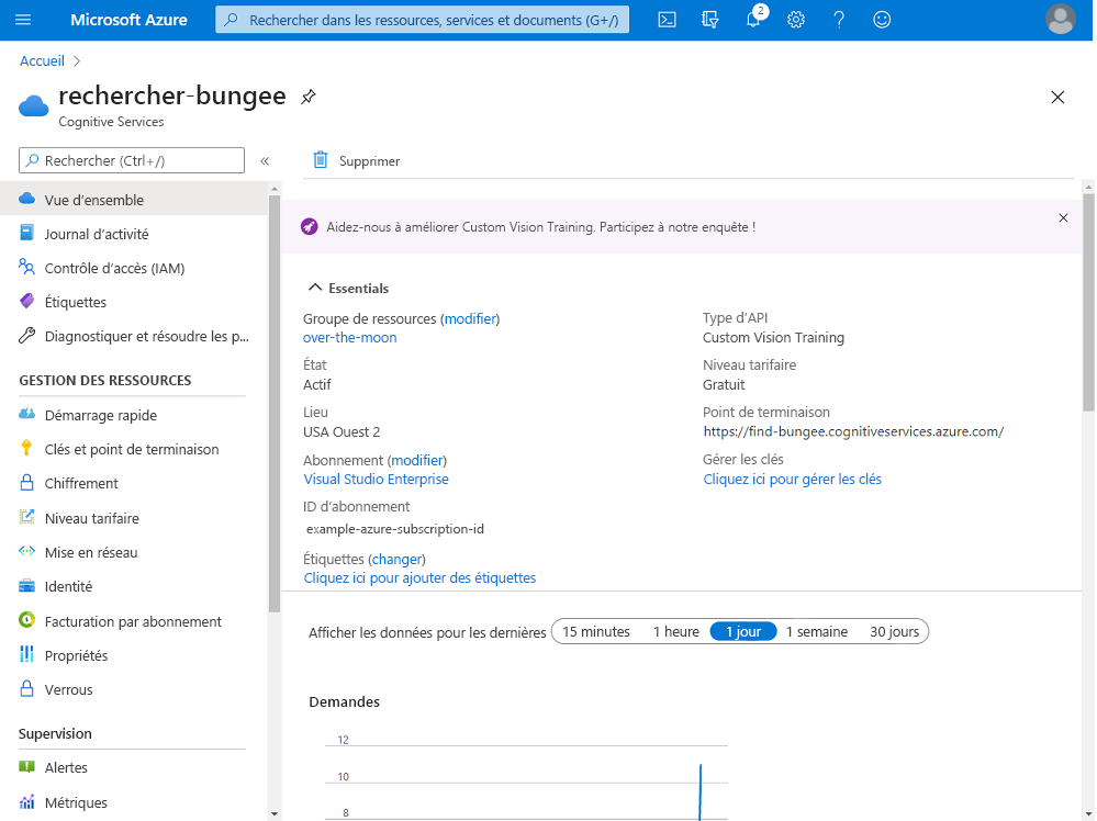 Screenshot that shows a Custom Vision resource on Azure.