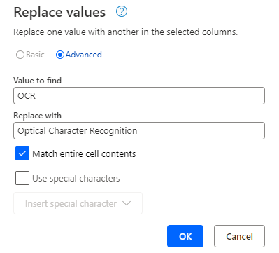 Capture d’écran de la boîte de dialogue Remplacer des valeurs illustrant la case Faire correspondre le contenu entier de la cellule cochée.