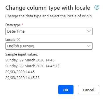Capture d’écran de la boîte de dialogue Modifier le type de colonne avec les paramètres régionaux illustrant les informations renseignées.