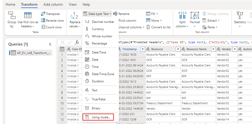 Capture d’écran de l’option de type de données Utilisation des paramètres régionaux.